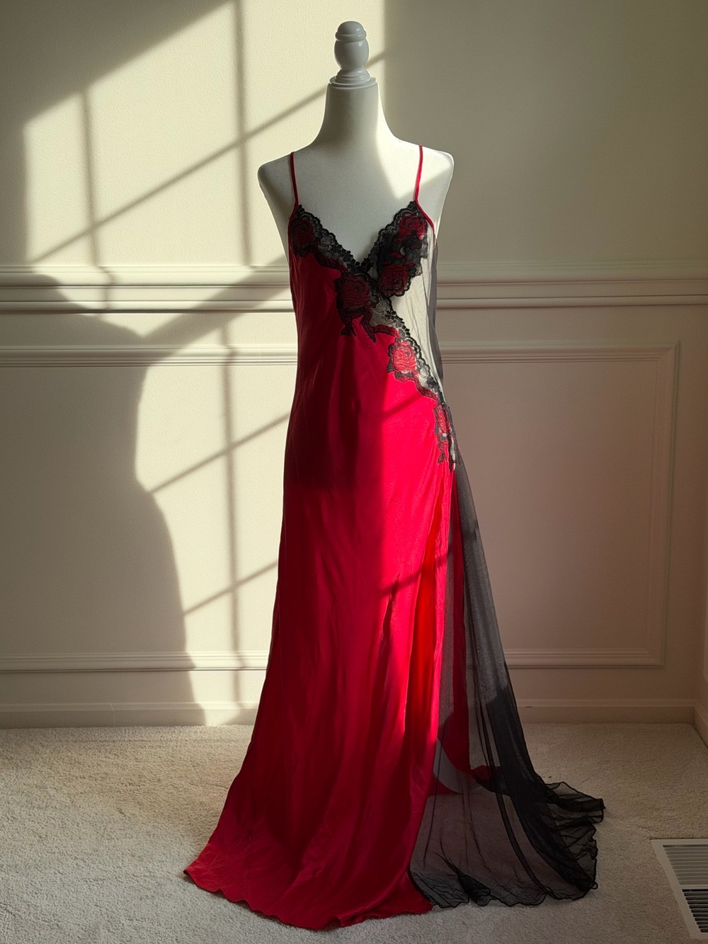 Victoria's Secret Red Slip Dress with Black Lace & Sheer Panel